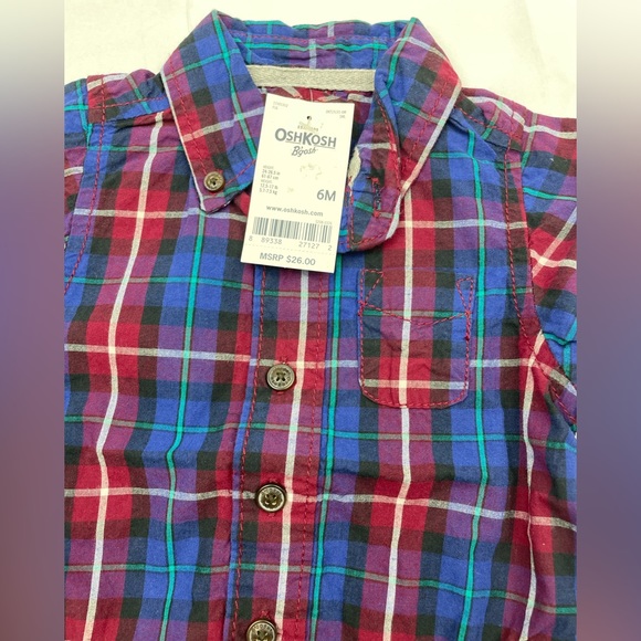 OshKosh B'gosh Boys Button-Front Plaid Bodysuit 6 Month Long Sleeve 100% Cotton - Picture 8 of 9